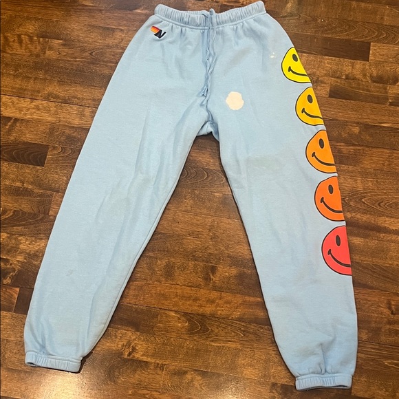 Aviator Nation Light Blue Smiley Face Sweatpants - Picture 1 of 3